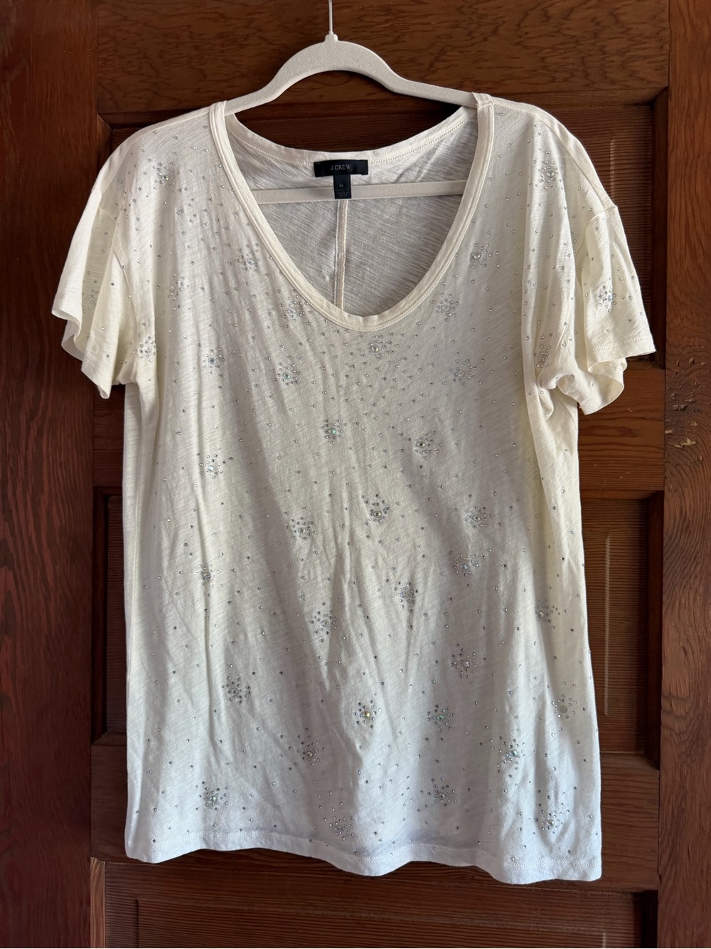 J. Crew Women's Cream Scoop Neck Embellished Tee Size M